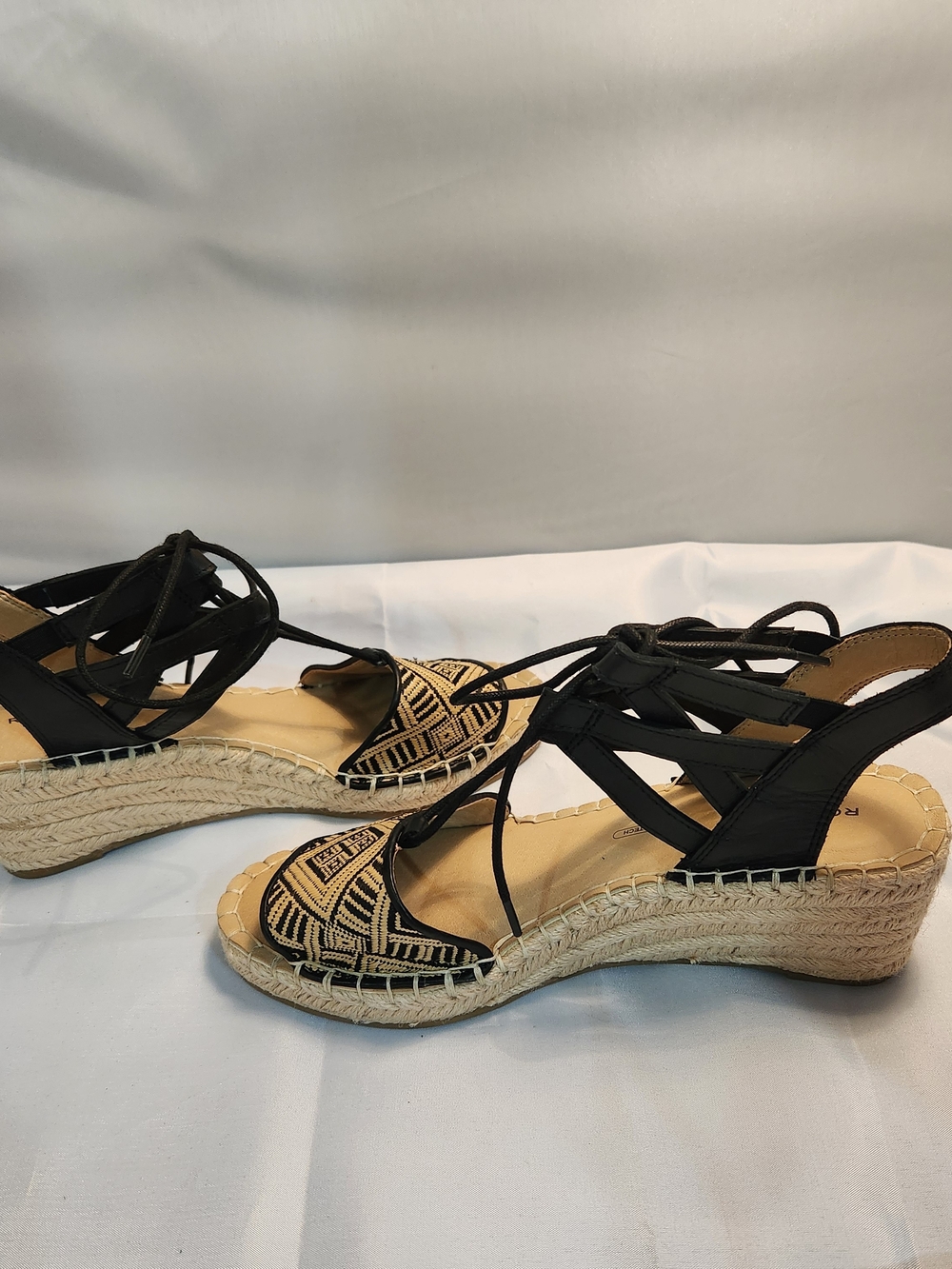 Rockport Black Lace-Up Espadrille Wedge Sandals with Patterned Toe